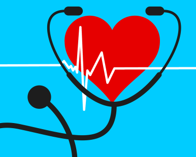 czerwone serce w czarnym stetoskopie na niebieskim tle, z białą linią izoelektryczną przedstawiającą rytm serca