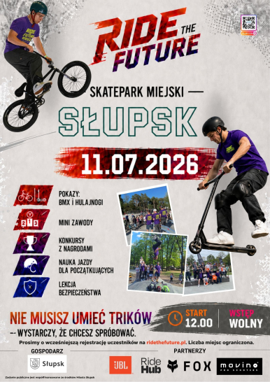 Plakat imprezy z osobami jeżdżącymi na bmx i hulajnodze. Poniżej nich informacje n/t zawodów.