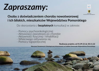 Grafika przedstawia plakat zapraszający osoby z doświadczeniem choroby nowotworowej i ich bliskich do skorzystania z Warsztatów Świadomości Onkologicznej.