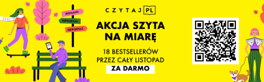 Na żółtym tle kolorowa grafika postacie siedzące na ławce, jeżdżące na deskorolce i spacerujące z psem oraz kod QR umożliwiający pobranie książek do czytania.