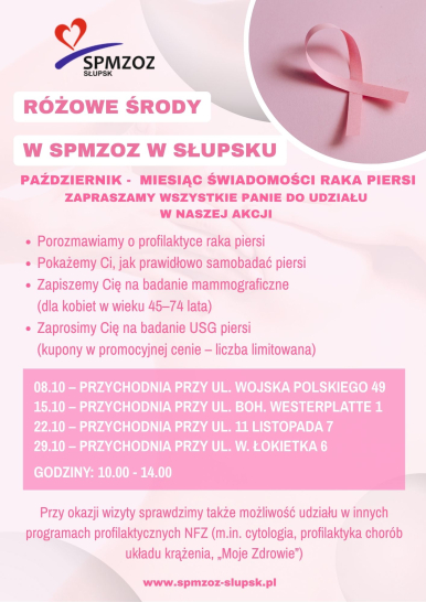 Na zdjęciu plakat informujący o wydarzeniu, w prawym górnym rogu różowa wstążeczka, w lewy górnym rogu logo SPMZOZ w Słupsku
