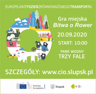 Grafika promująca Europejski Tydzień Zrównoważonego Transportu - logotypy miasta oraz UE