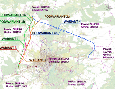 Mapa topograficzna z wrysowanymi propozycjami lokalizacji drogi.