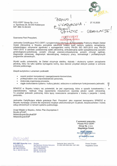 List potwierdzający Certyfikację wystawiony przez Prezesa PCC-CERT Magdalenę Szwak