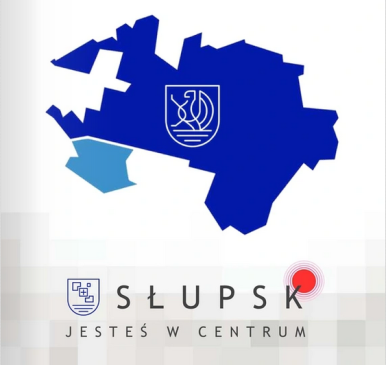 niebiesko-granatowa grafika obrazująca obszar Słupska, napis Słupsk - jesteś w centrum, logotyp