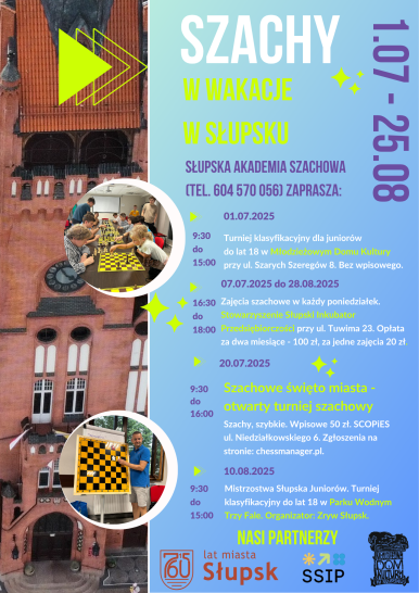 Plakta informacyjny z tekstem jak w artykule i grafika : ratusz oraz Grzegorz Hilarecki z planszą szachową