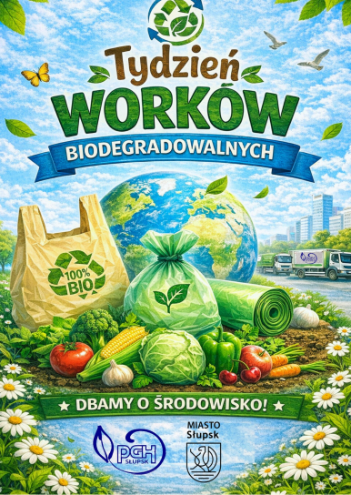 Plakat wydarzenia - Tydzień Worków Biodegradowalnych, napis Dbamy o środowisko, na środku plakatu worki, warzywa, owoce i roślinność