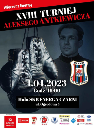 Plakat memoriału Antkiewicza, na pierwszym planie rękawice bokserskie, w tle wizerunek Antkiewicza