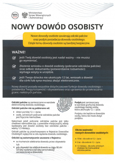 Obrazek zawiera treści dot. nowych dowodów osobistych m.in. okresu ważności,  tego czy trzeba wymieniać dowód na nowy i co zawiera nowy dokument (odcisk palca posiadacza i włąsnoręczny podpis)