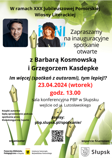 grafika zaproszenia z zielonymi łodygami i złotymi stalówkami zamiast kwiatów oraz fotografiami Barbary Komowskiej i Grzegorza Kasdepki