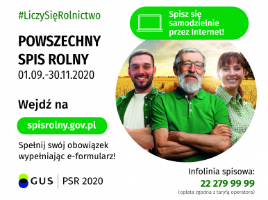 Plakat dotyczący Spisu Rolnego z informacją o numerach telefonu i stronie www, zdjęcie trzech osób na tle pola zbóż