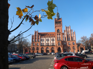 Na zdjęciu widzimy ratusz , przed nim plac z zaparkowanymi samochodami. Po lewej i prawej stronie drzewa.