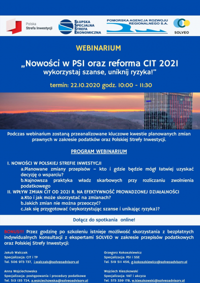 Plakat na niebieskim tle z programem webinarium, logotypami organizatorów i zdjeciem biurowca w tle