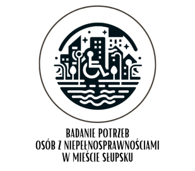 Czarno-biały plakat z ikoną ludzika na wózku inwalidzkim poruszającym się po mieście z opisem: Badanie potrzeb osób z niepełnosprawnościami w mieście Słupsku
