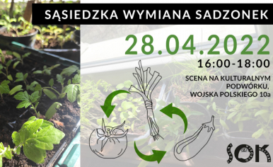 plakat wydarzenia, informacje tak jak w tekście grafika pora, pomidira i bakłażan, w tle zielone sadzonki