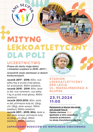 Duży plakat imprezy na nim wszystkie dane dotycząc zawodów, zdjęcie Poli, logo AML i zdjęcia młodych zawodników AML.
