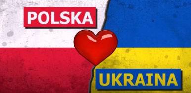 Grafika przedstawiająca flagę Polski i Ukrainy z sercem pośrodku