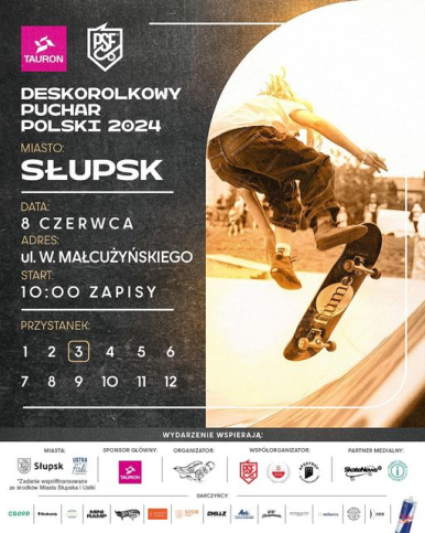 Plakat imprezy  - zawodnik na deskorolce podczas przejazdu.