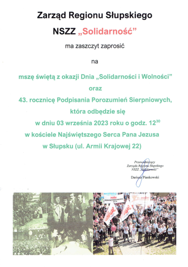 Na zdjęciu widać zaproszenie z treścią jak w artykule wraz ze zdjęciami obrazującymi wydarzenia z czasów Solidarności i późniejsze