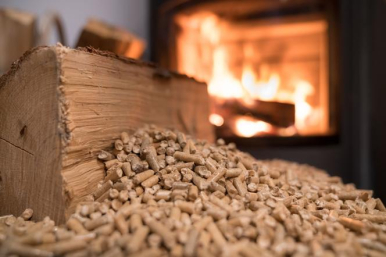 zdjęcie przedstawia ogień tlący się w kominku, rozsypany pellet drzewny oraz kawałek drewna (fot. pixabay)