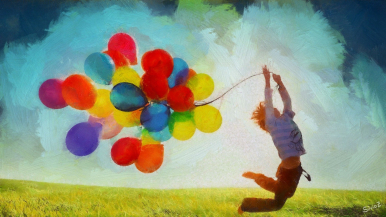Zdjęcie przedstawia chłopca na łące trzymającego w rękach kolorowe balony
