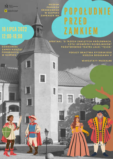 Zdjecie czarno- białe Zamku Ksiąząt Pomorskich a na pierwszym planie osadzone miniaturki graficzne postaci średniowiecznych w barwnych stojacj