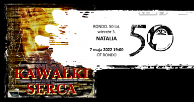 czarno - brązowy plakat wydarzenia czerwony napis Kawałki Serca, informacje tak jak w tekście