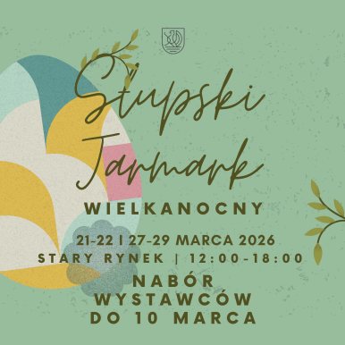 informacja o jarmarku wielkanocnym - zielone tło i grafika jajka wielkanocnego, termin jarmarku oraz miejsce