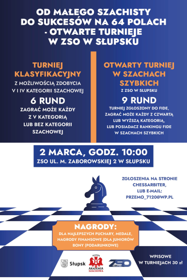 Plakat informacyjny z treścią jak w artykule  - grafika szachownica i figura konika szachowego