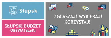 baner SBO - logo Słupska, napis Słupski Budżet Obywatelski, napis ZGŁASZAJ! WYBIERAJ! KORZYSTAJ! grafiki prezentrujące podniesione ręce, pieniądze, kalendarz, trybiki, chmurki rozmowy oraz puzzle