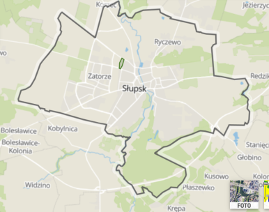 Mapa poglądowa Słupska z zaznaczonymi sąsiednimi miejscowościami