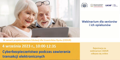 Plakat z informacją o webinarium dla seniorów i ich opiekunów.