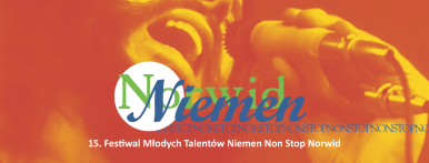 plakat w ciepłym pomarańczowym kolorze napis Norwid Niemen 15. Festiwal Młodych Talentów Niemen Non Stop Norwid