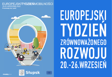 Oficjalne plakaty promujące  Europejski Tydzień Zrównoważonego Rozwoju oraz Europejski Tydzień Zrównoważonego Transportu. Tekst plus emotikony w autobusie, na rowerze, na hulajnodze itp