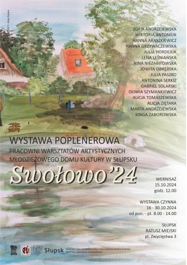 Plakat informacyjny z tekstem dot.wernisażu i możliwości zwiedzania w ratuszu; na zdjęciu dom w zieleni wiejskiej, woda, niebo ławka pod drzewem