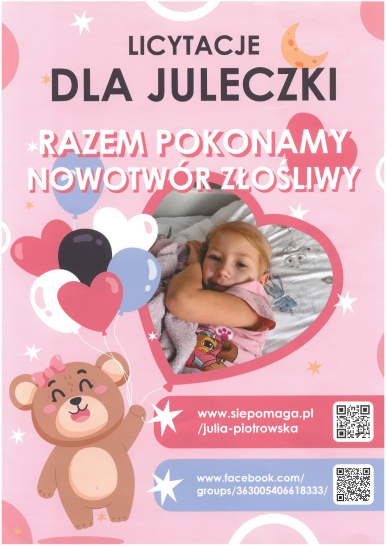 Plakat informacyjny z grafiką - dziewczynka i misie wraz z tekstem i linkiem do pomocy na siepomaga.pl