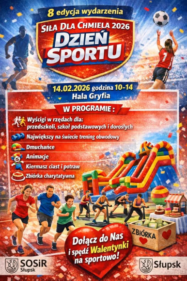 Plakat z dmuchańcami, zawodnikami i informacjami o zawodach.