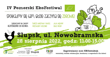 plakat z datą i miejscem ekofestiwalu, warzywa zielone i czarna kura