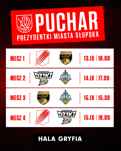 Plakat imprezy z logami startujących zespołów i kalendarzem spotkań.