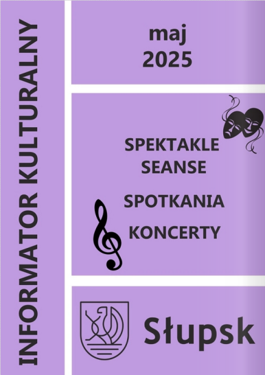 fioletowa okładka informatora kulturalnego na maj 2025, logo słupska