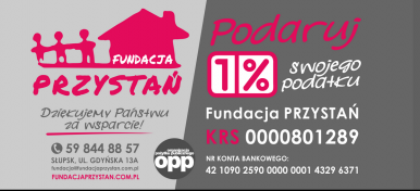 Na zdjęciu widzimy logo Fundacji Przystań - ludziki i domek, z podziękowaniem za wspracie fundacji oraz apelPodaruj 1% swojego podatku Fundacja przystań KRS 0000801289 NR KONTA 42 1090 2590 0000 0001 4329 6371