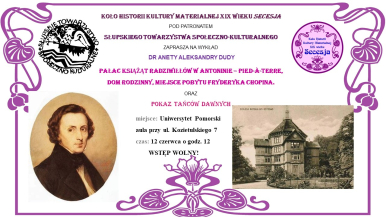 Plakat informacyjny z grafiką m.in. pałacu i wizerunku Chopina