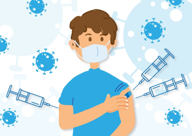 Na zdjęciu chłopiec w maseczce z plastrem na prawym ramieniu, trzy strzykawki wymierzone w ramiona chłopca. W tle wirusy.