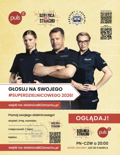Plakat informacyjny z tekstem jak w artykule oraz poglądowo wizerunki trójki Policjantów