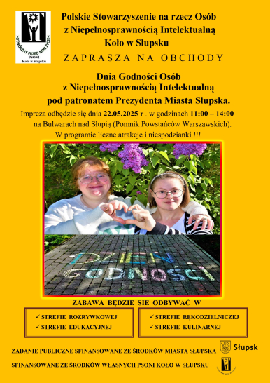 Plakat informacyjny, czarny napis na żółtym tle zapraszający do wzięcia udziału w obchodach Dnia Godności Osób z Niepełnosprawnością Intelektualną