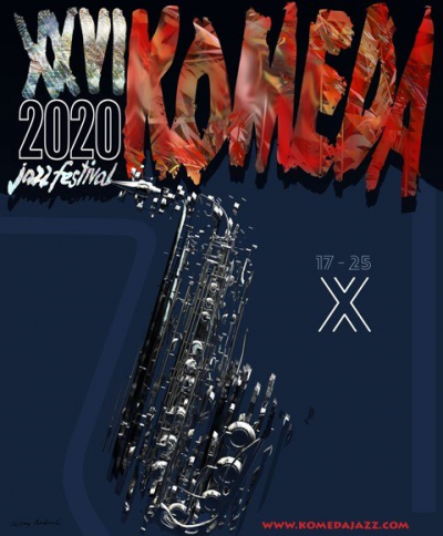 plakat XXVI Komeda Jazz Festiwal - na plakacie saksofon i napis "XXVI Komeda Jazz Festiwal 17-25 X 2020"