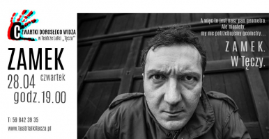 Plakat do wydarzenia Zamek  w Tęczy 28.04.2022 godz 19.00, czarno białe zdjecie twarzy aktora