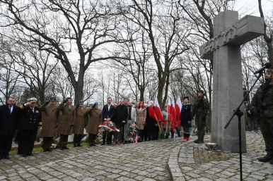 Zdjęcie poglądowe - zebrani na uroczystościach przy Krzyżu Wołyńskim oddają cześć pamięci o Ofiarach