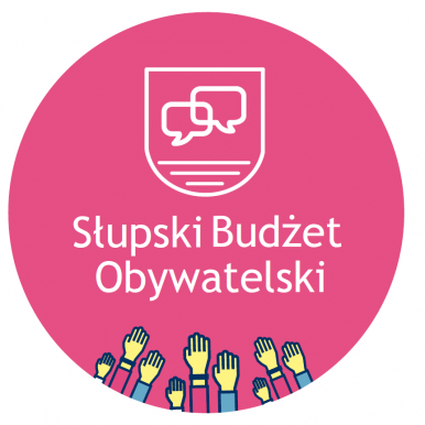 Grafika - słupski budżet obywatelski -różowe koło na białym tle i dłonie