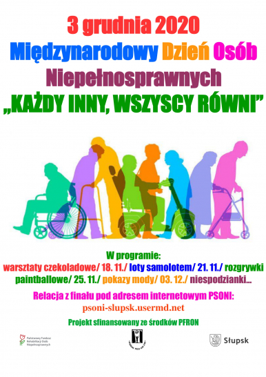 plakat - napis 3 grudnia międzynarodowy dzień osób niepełnosprawnych "każdy inni, wszyscy równi". grafika prezentująca osoby z różnymi niepełnosprawnościami, program wydarzenia
